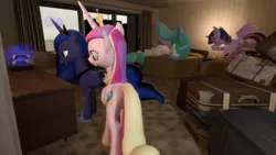 Size: 2000x1125 | Tagged: 3d, alicorn, artist:johnnyxluna, derpibooru import, princess cadance, princess celestia, princess luna, safe, suitcases, twilight sparkle, twilight sparkle (alicorn), weekend, xbox one