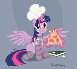 Size: 600x540 | Tagged: safe, artist:brianblackberry, artist:szafir87, derpibooru import, edit, twilight sparkle, twilight sparkle (alicorn), alicorn, pony, adorkable, animated, blinking, book, cake, chef's hat, cinemagraph, clothes, cute, dork, eye shimmer, female, food, gif, glowing horn, hat, horn, magic, mare, messy mane, messy tail, simple background, smiling, socks, solo, spread wings, striped socks, szafir87 is trying to murder us, telekinesis, twiabetes, weapons-grade cute, wings, you tried