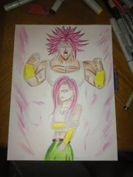 Size: 768x1024 | Tagged: safe, derpibooru import, fluttershy, equestria girls, crossover, dragon ball super, drawing, kale (dragon ball), super saiyan, traditional art