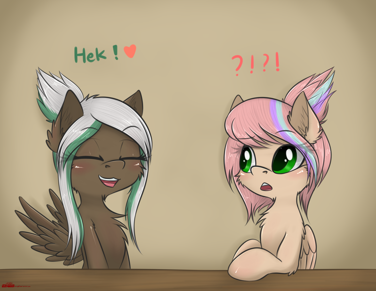 Size: 2500x1933 | Tagged: safe, artist:orang111, derpibooru import, oc, oc:lynn, oc:sweet skies, unofficial characters only, pegasus, pony, :3, :<, :o, alternate hairstyle, cheek fluff, chest fluff, chin fluff, cute, dialogue, ear fluff, exclamation point, eyes closed, female, fluffy, hair bun, heart, heck, interrobang, mare, ocbetes, open mouth, question mark, role reversal, spread wings, wings