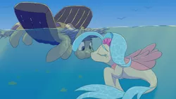 Size: 2560x1440 | Tagged: safe, artist:kpvt, derpibooru import, princess skystar, oc, oc:nightfall, seapony (g4), my little pony: the movie, blushing, boop, noseboop, underwater