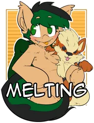 Size: 1639x2129 | Tagged: safe, artist:bbsartboutique, derpibooru import, oc, oc:melting, unofficial characters only, arcanine, bat pony, badge, con badge, pokémon, simple background, solo, transparent background