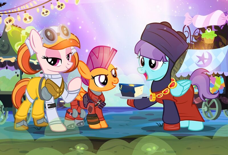 Size: 1000x679 | Tagged: safe, artist:pixelkitties, derpibooru import, aunt holiday, auntie lofty, scootaloo, earth pony, pegasus, pony, artist interpretation, aunt and niece, cake, cellular peptide cake (with mint frosting), clothes, cosplay, costume, couple, female, filly, food, guardians of the galaxy, halloween, hera syndulla, holiday, lesbian, lofty day, mare, nightmare night, nightmare night costume, q, shipping, star trek, star trek: the next generation, star wars, star wars rebels, trio, yondu