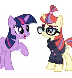 Size: 862x927 | Tagged: aftermath, artist:n238900, character to character, derpibooru import, frown, glasses, looking at each other, moondancer, moondancer's sweater, safe, transformation, transformation sequence, transformed, twilight sparkle