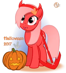 Size: 1904x2098 | Tagged: safe, alternate version, artist:arifproject, derpibooru import, oc, oc:downvote, ponified, unofficial characters only, pony, derpibooru, clothes, costume, cute, derpibooru ponified, devil horns, downvote's downvotes, halloween, halloween costume, holiday, jack-o-lantern, meta, pumpkin, simple background, smiling, solo, spear, transparent background, vector, weapon