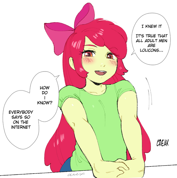 Size: 1017x1024 | Tagged: questionable, artist:aux, derpibooru import, apple bloom, human, equestria girls, apple bloom's bow, blushing, bow, breasts, clothes, delicious flat chest, dialogue, drawthread, female, hair bow, humanized, looking at you, open mouth, parody, shirt, simple background, solo, solo female, speech bubble, white background