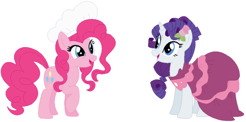 Size: 910x450 | Tagged: safe, artist:bezziie, derpibooru import, pinkie pie, rarity, pony, alternate hairstyle, base used, chef's hat, clothes, dress, flower, flower in hair, hat, simple background, transparent background