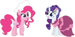 Size: 910x450 | Tagged: safe, artist:bezziie, derpibooru import, pinkie pie, rarity, pony, alternate hairstyle, base used, chef's hat, clothes, dress, flower, flower in hair, hat, simple background, transparent background