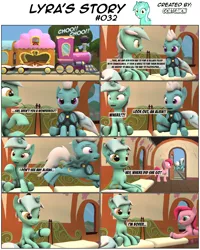 Size: 3928x4920 | Tagged: safe, artist:goatcanon, derpibooru import, fleetfoot, lyra heartstrings, oc, oc:tia channel, pegasus, pony, unicorn, comic:lyra's story, 3d, background pony, bench, bipedal, bipedal leaning, comic, eye contact, female, friendship express, frown, grin, irrational exuberance, leaning, lidded eyes, looking at each other, looking at something, looking at you, looking back, looking down, mare, onomatopoeia, open mouth, pointing, ponytail, raised hoof, reference, sitting, smiling, source filmmaker, squee, surprised, text, train, unamused, watch, wide eyes, wristwatch