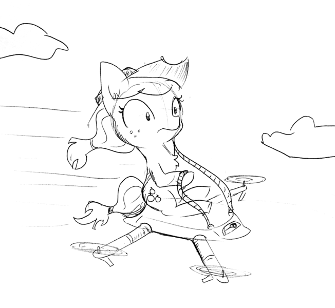 Size: 1473x1355 | Tagged: safe, artist:tjpones, derpibooru import, applejack, earth pony, pony, applejack's hat, black and white, cloud, cowboy hat, drone, female, flying, freckles, grayscale, hat, inktober, monochrome, ponies riding drones, reins, riding, simple background, sitting, solo, speed lines, traditional art, white background