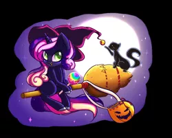 Size: 898x722 | Tagged: safe, artist:miniaru, derpibooru import, oc, unofficial characters only, cat, pony, unicorn, apple, broom, candy apple (food), female, flying, flying broomstick, food, full moon, halloween, hat, holiday, mare, moon, pumpkin bucket, stars, witch hat