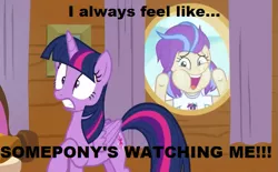 Size: 603x375 | Tagged: alicorn, caption, derpibooru import, edit, edited screencap, image macro, meme, once upon a zeppelin, rockwell, safe, screencap, somebody's watching me, song reference, sunny side, text, twilight sparkle, twilight sparkle (alicorn)