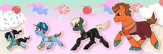 Size: 1600x534 | Tagged: dead source, safe, artist:shufflestripes, derpibooru import, ponified, pony, armor, calhoun, candy, fix-it felix jr., food, hero's duty, sugar rush, vanellope von schweetz, wreck-it ralph