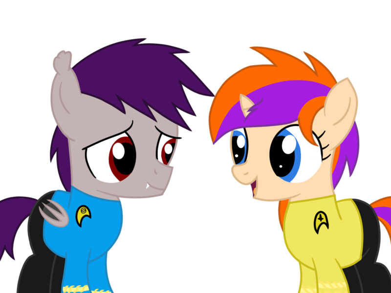 Size: 1600x1200 | Tagged: safe, artist:toyminator900, derpibooru import, oc, oc:coldfire (bat pony), oc:quick note, unofficial characters only, bat pony, pony, unicorn, colt, female, filly, male, simple background, star trek, transparent background