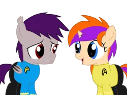 Size: 1600x1200 | Tagged: safe, artist:toyminator900, derpibooru import, oc, oc:coldfire (bat pony), oc:quick note, unofficial characters only, bat pony, pony, unicorn, colt, female, filly, male, simple background, star trek, transparent background