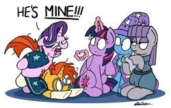 Size: 2432x1530 | Tagged: safe, artist:bobthedalek, derpibooru import, boulder (pet), maud pie, starlight glimmer, sunburst, trixie, twilight sparkle, twilight sparkle (alicorn), alicorn, earth pony, pony, unicorn, uncommon bond, angry, butthug, cape, clothes, cross-popping veins, cup, dialogue, face down ass up, female, floppy ears, hat, hug, jealous, levitation, magic, male, possessive, quiet, ragelight glimmer, raised hoof, shipping, shrunken pupils, simple background, sitting, starburst, straight, teacup, telekinesis, trixie's cape, trixie's hat, white background, yandere, yandere glimmer, yelling