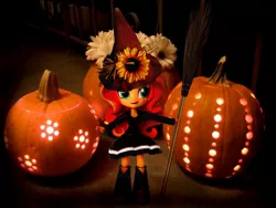 Size: 840x630 | Tagged: safe, artist:whatthehell!?, derpibooru import, edit, sunset shimmer, equestria girls, boots, broom, clothes, doll, equestria girls minis, flower, halloween, hat, holiday, irl, jack-o-lantern, lamp, outfit, photo, pumpkin, shoes, sunflower, toy, witch