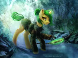 Size: 1989x1476 | Tagged: safe, artist:elzafox, derpibooru import, oc, oc:norra, unofficial characters only, pony, unicorn, bow (weapon), clothes, crossover, magic, solo, telekinesis, tomb raider, trade, winter