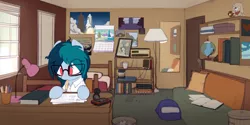 Size: 2224x1113 | Tagged: safe, artist:shinodage, derpibooru import, oc, oc:delta vee, unofficial characters only, pony, bed, bedroom, blinds, book, calendar, can, clothes, comic, delta vee's junkyard, desk, desk lamp, female, flashback, glasses, globe, headphones, lamp, looking at each other, looking down, lying down, male, mare, mirror, mouth hold, pencil, pillow, plushie, poster, shelf, shirt, single panel, smiling, stallion, sweater, trash can, turtleneck, walkman, window, younger