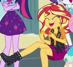 Size: 442x407 | Tagged: safe, derpibooru import, screencap, fluttershy, rarity, sci-twi, sunset shimmer, twilight sparkle, equestria girls, equestria girls series, overpowered (equestria girls), boots, clothes, cute, eyes closed, female, geode of empathy, geode of shielding, geode of telekinesis, high heel boots, jacket, laughing, leather jacket, legs, magical geodes, offscreen character, shimmerbetes, shoes, skirt, skirt lift