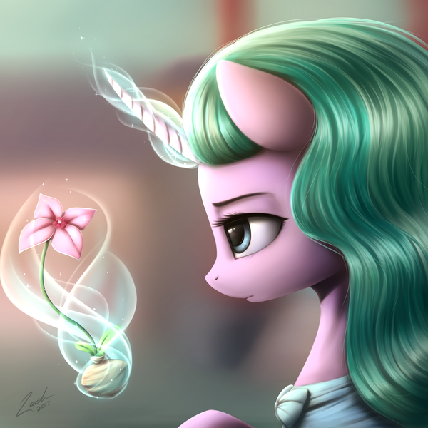 Size: 3000x3000 | Tagged: safe, artist:deltauraart, derpibooru import, mistmane, pony, unicorn, clothes, cute, female, flower, magic, mare, mistabetes, mistmane's flower, solo