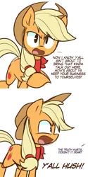 Size: 1280x2560 | Tagged: suggestive, artist:lilboulder, derpibooru import, applejack, rarity, earth pony, pony, angry, annoyed, applejack's hat, bandana, comic, cowboy hat, dialogue, female, hat, implied bisexual, implied rarity, looking at you, mare, offscreen character, open mouth, simple background, solo, white background