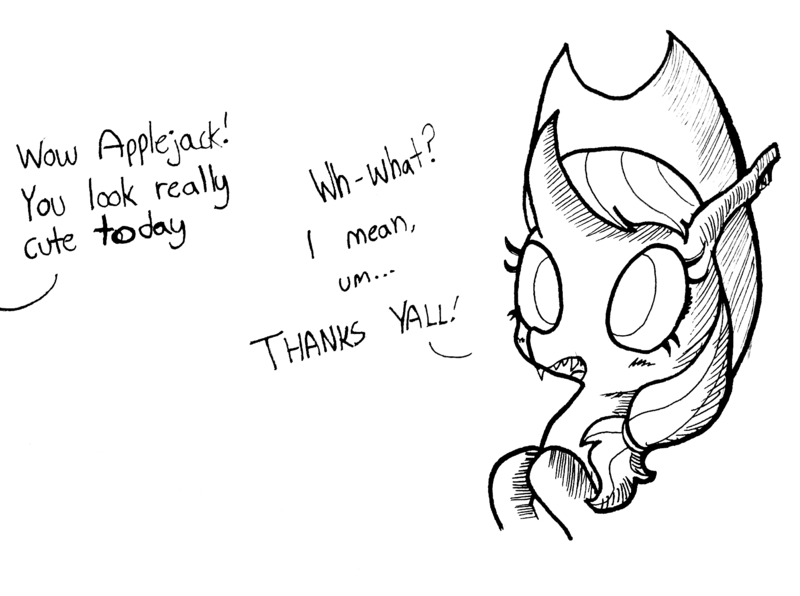 Size: 1932x1440 | Tagged: safe, artist:tjpones, derpibooru import, changeling, applejack's hat, black and white, blushing, cowboy hat, dialogue, grayscale, hat, inktober, monochrome, not applejack, offscreen character, simple background, solo, traditional art, white background