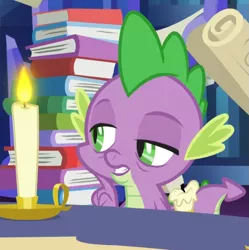 Size: 831x833 | Tagged: book, candle, derpibooru import, dragon, fgsfds, lidded eyes, safe, screencap, shadow play, solo, spike, tired, twilight's castle