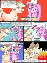 Size: 3000x4000 | Tagged: safe, artist:tillie-tmb, derpibooru import, applejack, pinkie pie, pony, comic:the amulet of shades, abacus, chef's hat, comic, fire, hat, high res, traditional art