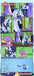 Size: 1919x4225 | Tagged: safe, artist:estories, derpibooru import, spike, oc, oc:silverlay, dragon, pony, unicorn, comic:a(pple)ffection, comic, female, mare, tumbleweed, yawn