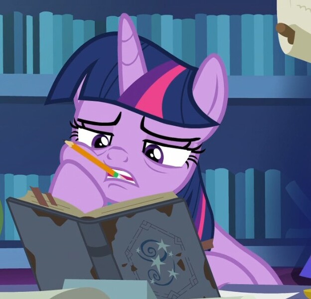 Size: 650x625 | Tagged: safe, derpibooru import, screencap, twilight sparkle, twilight sparkle (alicorn), alicorn, pony, shadow play, spoiler:s07, book, female, mare, pencil, starswirl's book