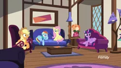 Size: 1280x720 | Tagged: alicorn, applejack, barrel, chair, coffee table, comfy, couch, derpibooru import, discovery family logo, flower pot, fluttershy, indoors, it isn't the mane thing about you, lamp, lampshade, lounging, painting, quills and sofas, rainbow dash, rug, safe, screencap, twilight sparkle, twilight sparkle (alicorn), window