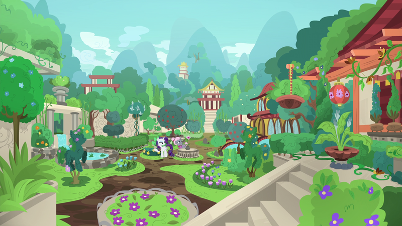 Size: 1920x1080 | Tagged: safe, derpibooru import, screencap, old gardener, rarity, pony, unicorn, shadow play, beautiful, female, flower, garden, levitation, magic, mare, mistmane's flower, pagoda, potted plant, scenery, telekinesis, topiary, tree, trowel, vine