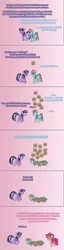 Size: 504x1981 | Tagged: safe, artist:verve, derpibooru import, pinkie pie, rainbow dash, twilight sparkle, twilight sparkle (alicorn), alicorn, earth pony, genie, pegasus, pony, ain't never had friends like us, secrets and pies, armband, comic, female, food, gradient background, headband, leg brace, mare, pie, pixel art, wing jewelry