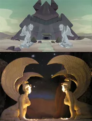 Size: 1024x1344 | Tagged: derpibooru import, desert, pyramid, safe, screencap, shadow play, somnambula (location), sphinx, statue, the neverending story