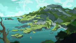 Size: 1920x1080 | Tagged: archaeology, background, boat, coast, derpibooru import, mountain, no pony, rockhoof's village, ruins, safe, scenery, screencap, shadow play, tree