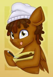 Size: 2804x4000 | Tagged: safe, artist:partylikeanartist, derpibooru import, oc, oc:cocoa drizzle, unofficial characters only, pegasus, pony, batter, bowl, bust, cake batter, chef, chef's hat, chocolate, cooking, dreadlocks, food, hat, licking, licking lips, looking at you, patreon, patreon reward, portrait, simple background, solo, tongue out, whisk