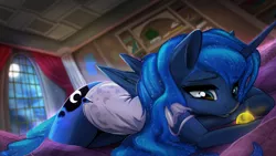 Size: 2800x1575 | Tagged: safe, artist:fidzfox, derpibooru import, princess luna, alicorn, anthro, pony, luna's determination, bed, bedroom, bell, bottomless, clothes, cute, drapes, ethereal hair, ethereal mane, ethereal tail, eyelashes, female, flowing hair, flowing mane, flowing tail, folded wings, full moon, galaxy hair, galaxy mane, galaxy tail, high res, horn, image, indoors, jpeg, looking at something, lunabetes, mare, moon, night, nightgown, on bed, partial nudity, puffy sleeves, sad, solo, tail, wallpaper, window, wings