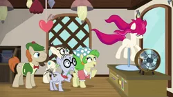 Size: 1280x720 | Tagged: safe, derpibooru import, screencap, gizmo, mr breezy, mr. waddle, earth pony, pony, it isn't the mane thing about you, bowtie, clothes, elderly, fan, female, glasses, hat, liver spots, male, mannequin, mare, ponyquin, quartet, stallion, windswept mane