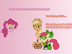 Size: 504x378 | Tagged: safe, artist:verve, derpibooru import, apple bloom, applejack, pinkie pie, earth pony, genie, genie pony, pony, ain't never had friends like us, bottle, eyes closed, female, filly, gradient background, green lantern, halloween, headband, holiday, jack-o-lantern, mare, nightmare night, pixel art, pumpkin, pun, smiling, visual pun