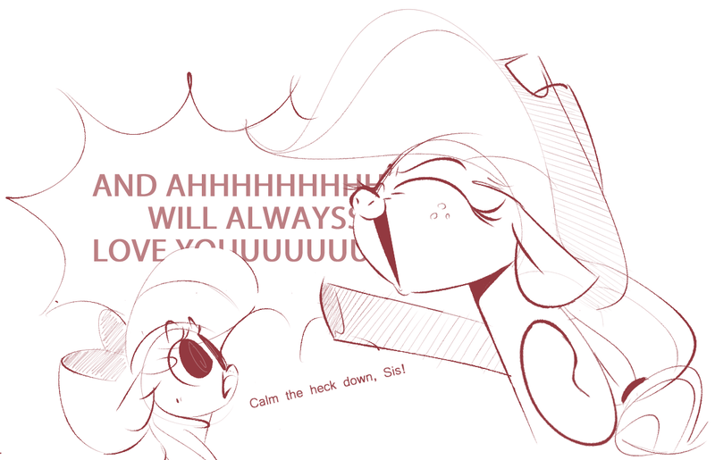 Size: 1162x748 | Tagged: safe, artist:hattsy, derpibooru import, apple bloom, applejack, pony, apple bloom's bow, bow, cowboy hat, dialogue, dolly parton, eyes closed, hair bow, hat, i will always love you, monochrome, open mouth, simple background, singing, song reference, stetson, sweat, white background, whitney houston