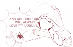 Size: 1162x748 | Tagged: safe, artist:hattsy, derpibooru import, apple bloom, applejack, pony, apple bloom's bow, bow, cowboy hat, dialogue, dolly parton, eyes closed, hair bow, hat, i will always love you, monochrome, open mouth, simple background, singing, song reference, stetson, sweat, white background, whitney houston