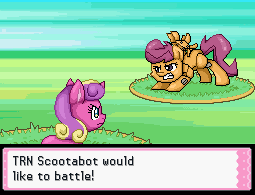 Size: 255x195 | Tagged: safe, artist:srsishere, derpibooru import, princess skyla, scootaloo, alicorn, pony, robot, female, filly, pixel art, pokémon, scootabot