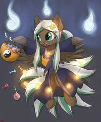 Size: 2500x3021 | Tagged: safe, artist:orang111, derpibooru import, oc, oc:lynn, unofficial characters only, pegasus, pony, candy, clothes, costume, female, food, halloween, holiday, kimono (clothing), kitsune, mare, nine tailed fox, pumpkin bucket, solo, yin-yang