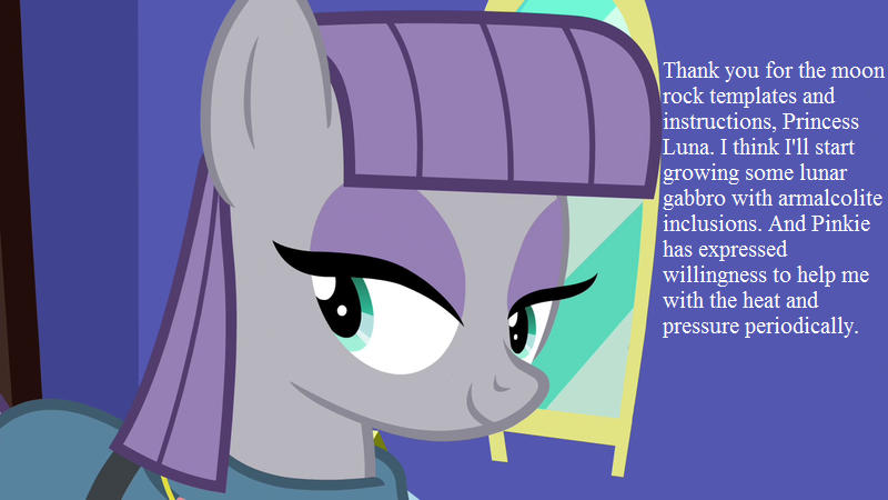 Size: 800x450 | Tagged: derpibooru import, edit, edited screencap, implied princess luna, maud pie, maud pie (episode), rock, safe, screencap, smiling, text, that pony sure does love rocks, train, when she smiles