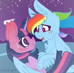 Size: 574x560 | Tagged: safe, artist:paint-pot, derpibooru import, rainbow dash, twilight sparkle, twilight sparkle (alicorn), alicorn, blushing, female, lesbian, shipping, twidash