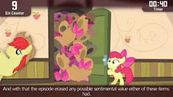 Size: 854x480 | Tagged: safe, derpibooru import, edit, edited screencap, screencap, apple bloom, bright mac, earth pony, pony, cinemare sins, somepony to watch over me, apple bloom's bow, applejack's hat, bow, closet, cowboy hat, female, filly, foal, hair bow, hat, hat and bow closet, male, stallion