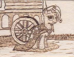 Size: 778x597 | Tagged: artist:malte279, cape, caravan, clothes, derpibooru import, pyrography, safe, solo, traditional art, trixie, trixie's cape, trixie's wagon, wagon, wheel