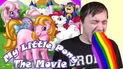 Size: 1366x768 | Tagged: safe, alternate version, artist:sb1991, derpibooru import, human, pony, my little pony: the movie (g1), advertisement, brony, irl, irl human, photo, puking rainbows, title card, vomit, vomiting, youtube