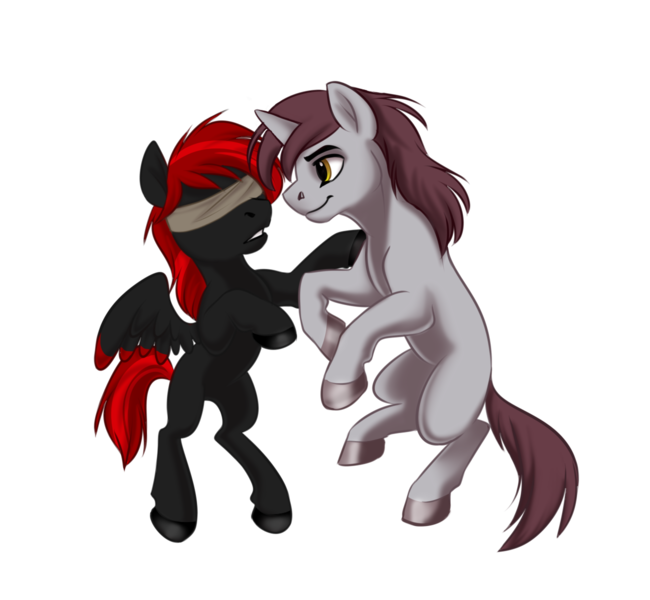 Size: 1300x1200 | Tagged: safe, artist:tuwka, derpibooru import, oc, oc:abel, pegasus, pony, unicorn, blindfold, brothers, cain, colored hooves, community related, d'lirium, male, rearing, red and black oc, siblings, simple background, steam, transparent background